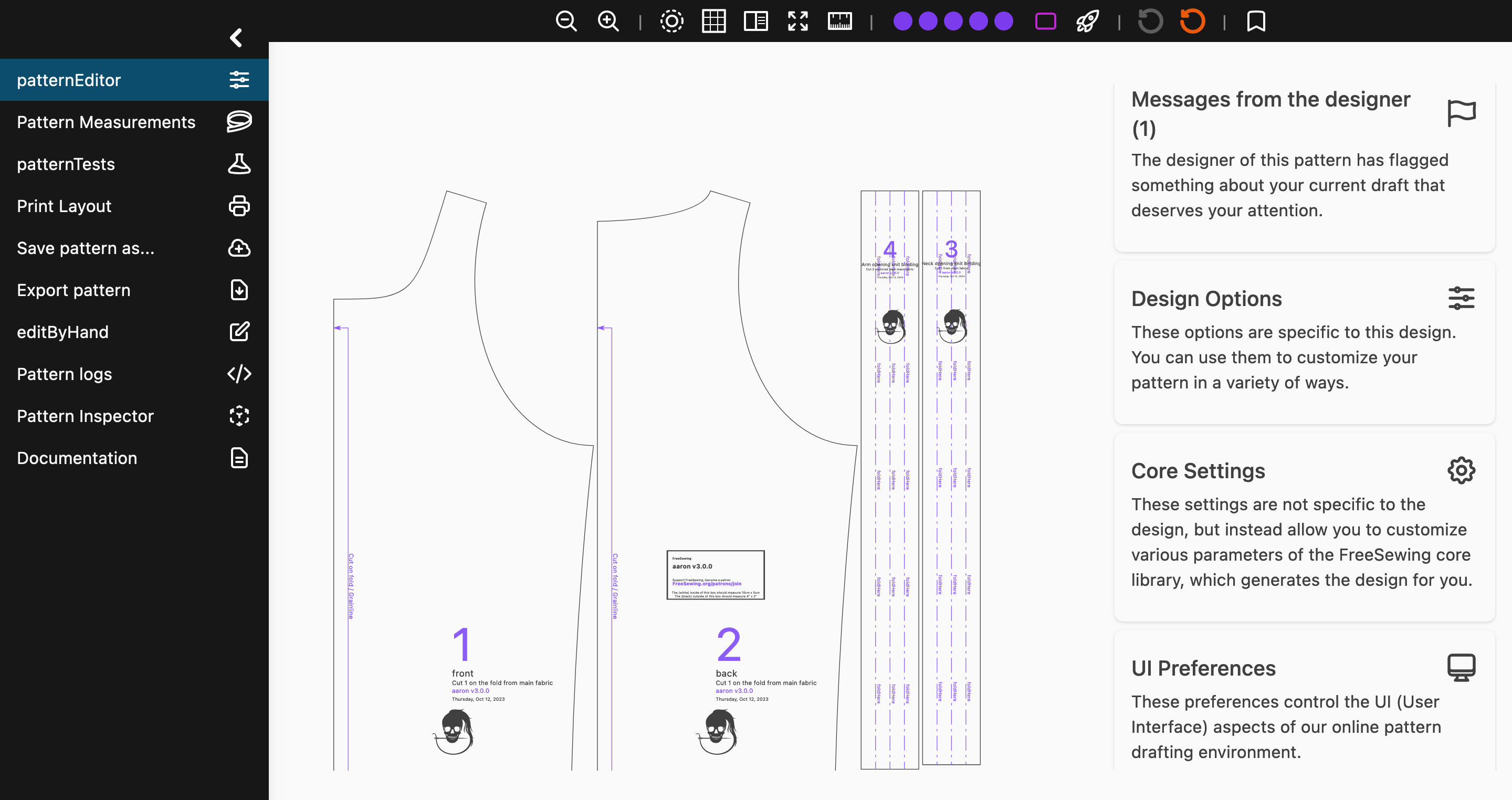 Screenshot of FreeSewing&#39;s pattern editor